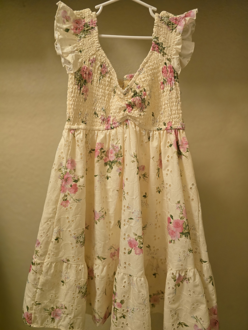 Girls Cream Floral Eyelet Sundress with Pink Roses